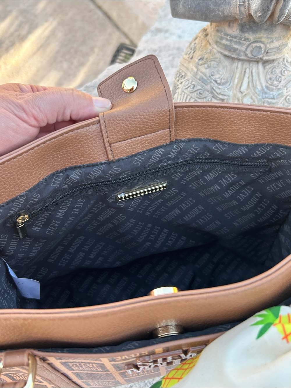 Steve Madden Brown Monogram Tote with Matching Pouch and Pineapple Scarf - Picture 7 of 7